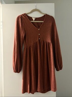 Rust Orange Long Sleeve V-Neck Babydoll Dress